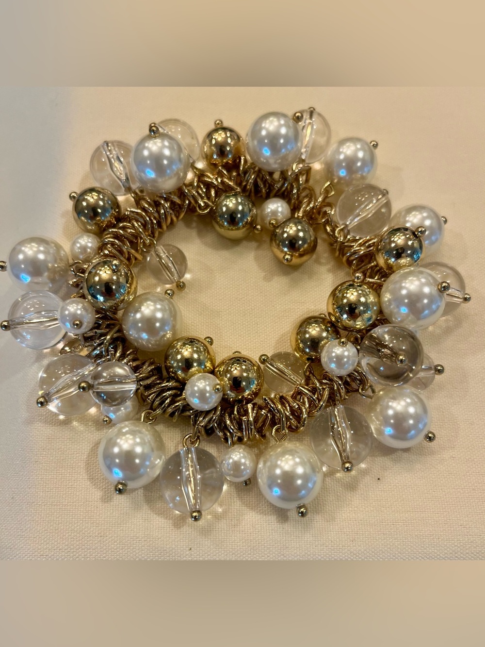 Gold-Tone Pearl & Clear Bead Cluster Stretch Bracelet - Elegant Women’s Jewelry